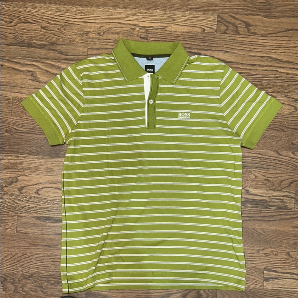 Boss Olive and White Striped Polo Shirt